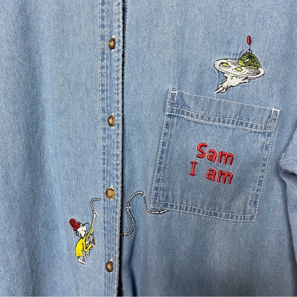 Dr Seuss vintage blue soft,thin,Sam I am denim short sleeve shirt SZ-q14/16 - Picture 6 of 8